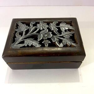 Carved Wooden Trinket Jewelry Box with Silver Floral Design